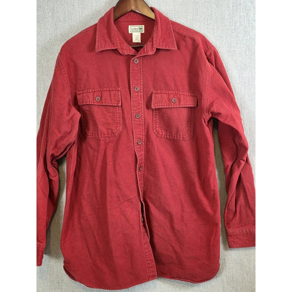 LL Bean Flannel Men's L TALL Chamois Feel Flap Pockets Red Long Sleeve Work Soft